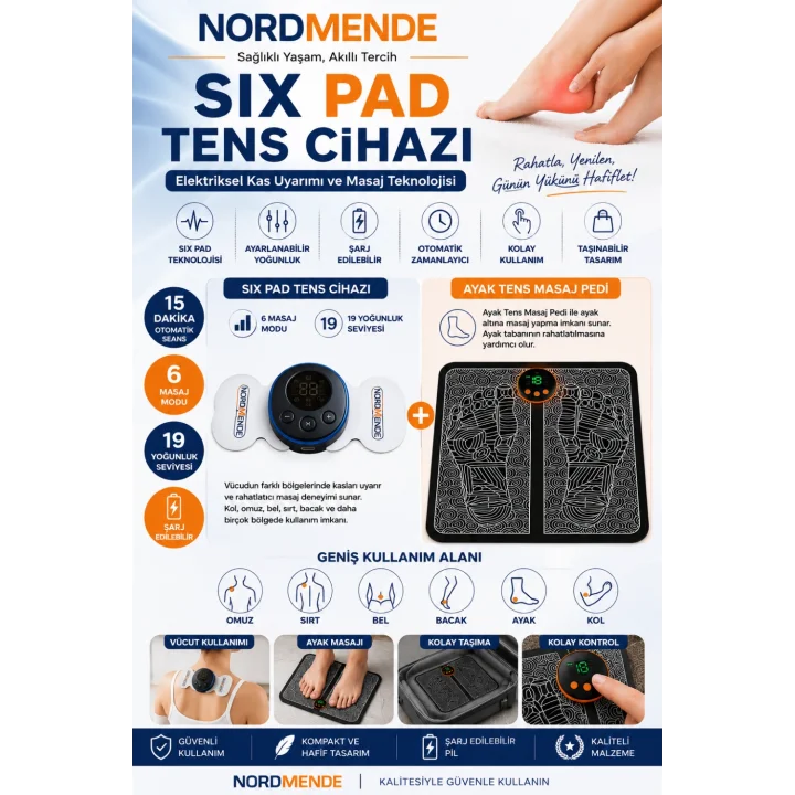 Mey İthalat®  Six Pad ve Ayak TENS Cihazı | Dijital Ekran | Ayak Tens Pedi | Elektrot Pedli | Şarjlı Kas Uyarım Cihazı