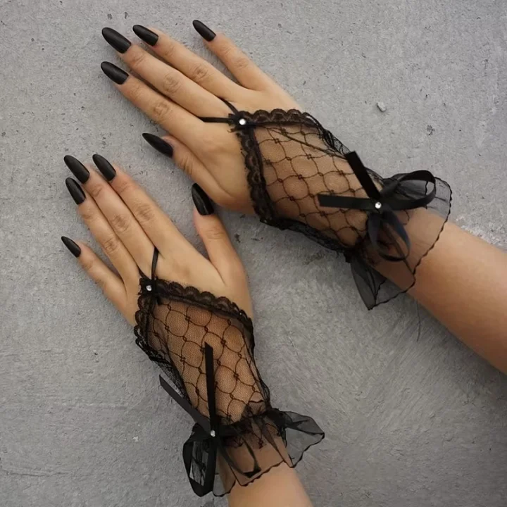 Mey İthalat® Siyah Dantel Fiyonklu Parmak Halkalı Kadın Eldiveni