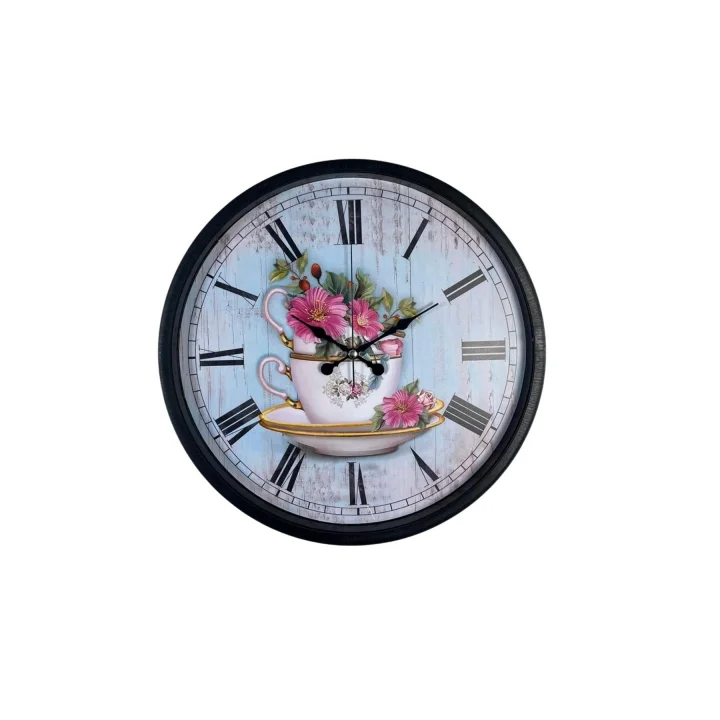 Mey İthalat® Siyah Floral Tea Cup Duvar Saati
