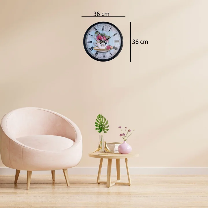 Mey İthalat® Siyah Floral Tea Cup Duvar Saati