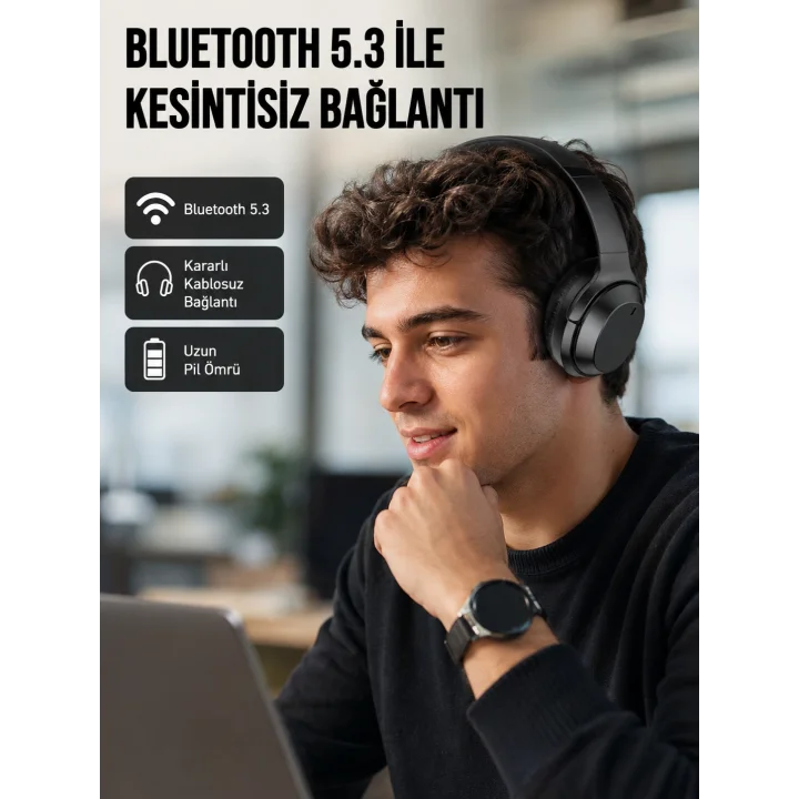 Mey İthalat® Siyah Kablosuz Bluetooth Kulaklık 300 mAh Hızlı Şarj Katlanabilir Pedli Yeni Nesil