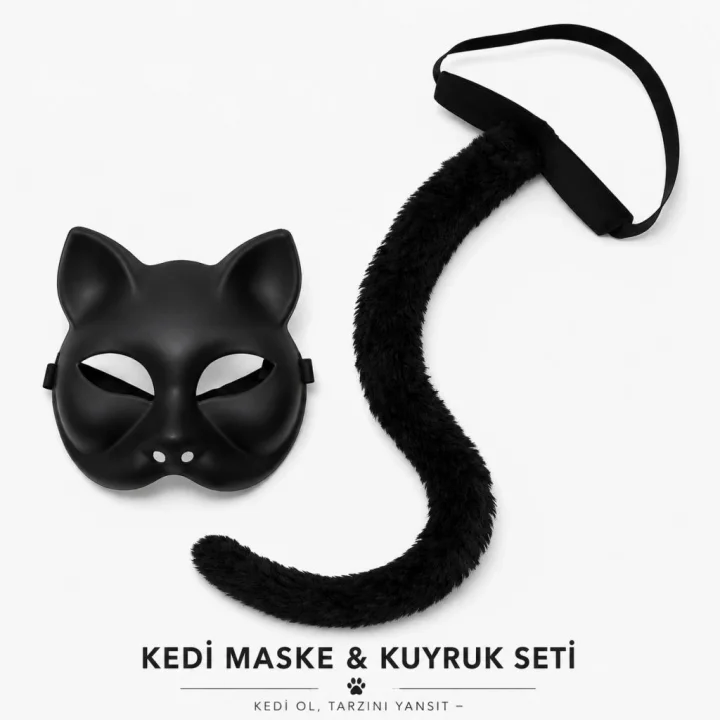 Mey İthalat® Siyah Kedi Maskesi ve Peluş Kuyruk Kostüm Seti 70 cm