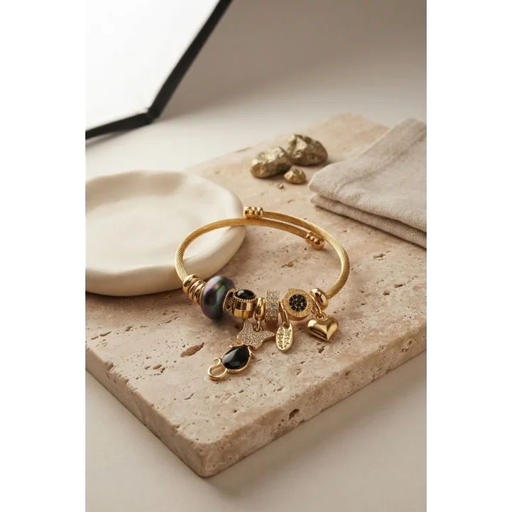 Mey İthalat® Siyah Kedi Model Gold Renk Charmlı Bileklik