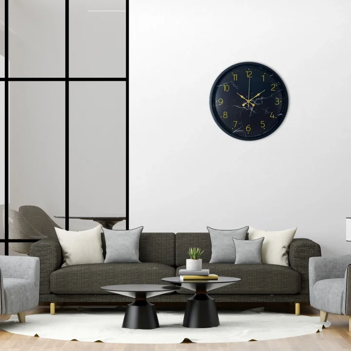 Mey İthalat® Siyah Mermer Desenli Görünümlü 36 Cm Duvar Saati