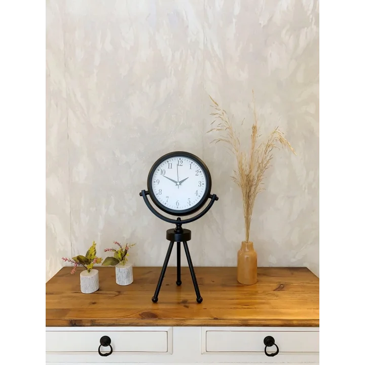 Mey İthalat® Siyah Metal Mini Tripod Masa Saati 45×26 cm