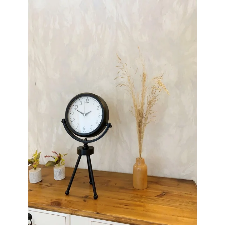Mey İthalat® Siyah Metal Mini Tripod Masa Saati 45×26 cm