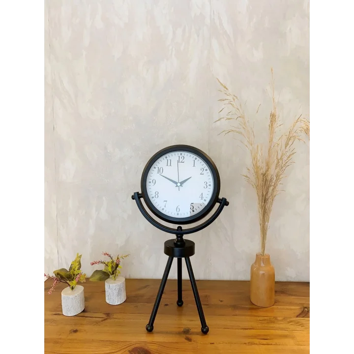 Mey İthalat® Siyah Metal Mini Tripod Masa Saati 45×26 cm