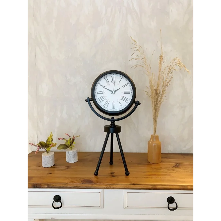 Mey İthalat® Siyah Metal Mini Tripod Modern Masa Saati 45×26 cm