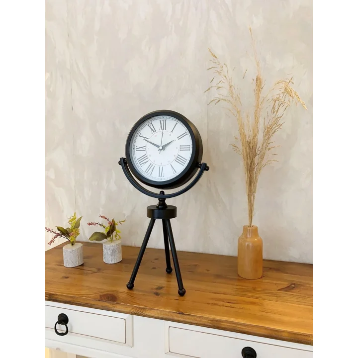 Mey İthalat® Siyah Metal Mini Tripod Modern Masa Saati 45×26 cm