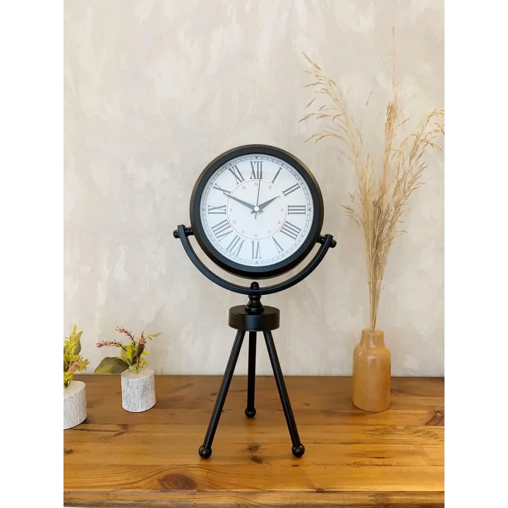 Mey İthalat® Siyah Metal Mini Tripod Modern Masa Saati 45×26 cm