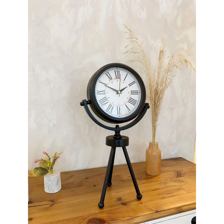 Mey İthalat® Siyah Metal Mini Tripod Modern Masa Saati 45×26 cm