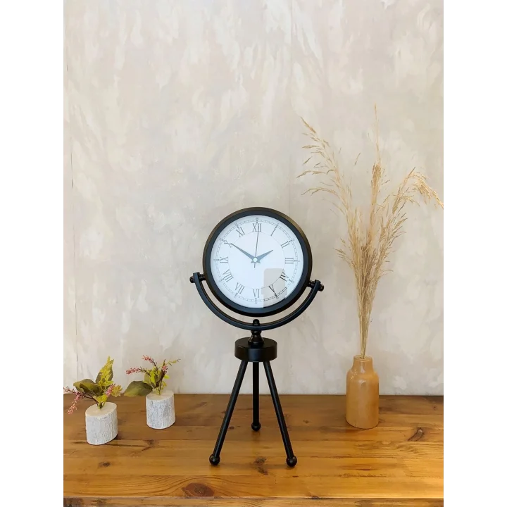 Mey İthalat® Siyah Metal Mini Tripod Retro Masa Saati 45×26 cm