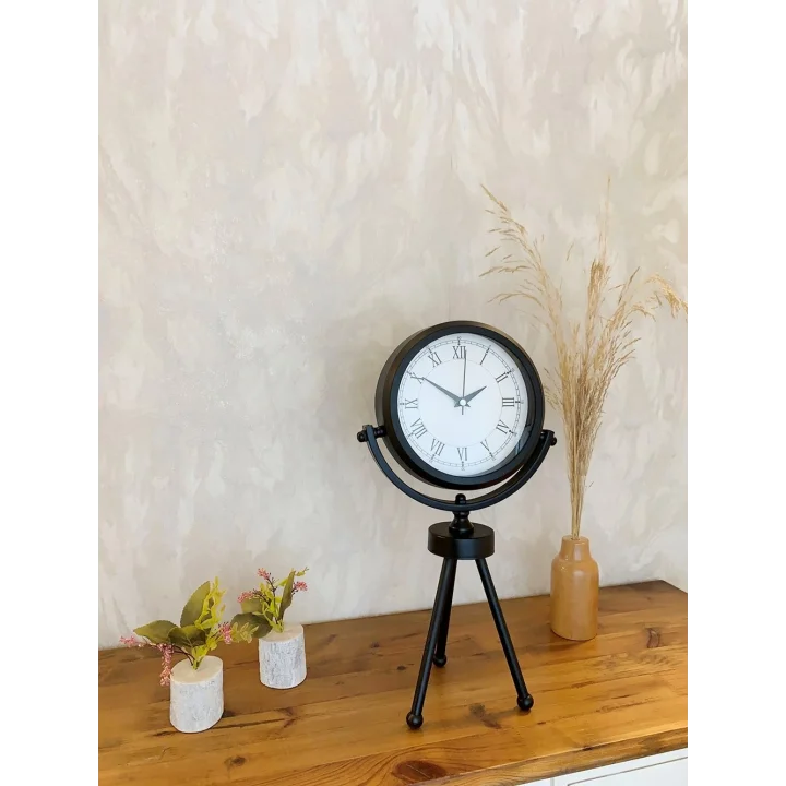 Mey İthalat® Siyah Metal Mini Tripod Retro Masa Saati 45×26 cm