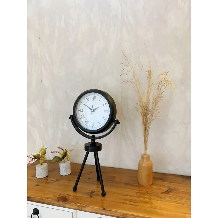 Mey İthalat® Siyah Metal Mini Tripod Retro Masa Saati 45×26 cm