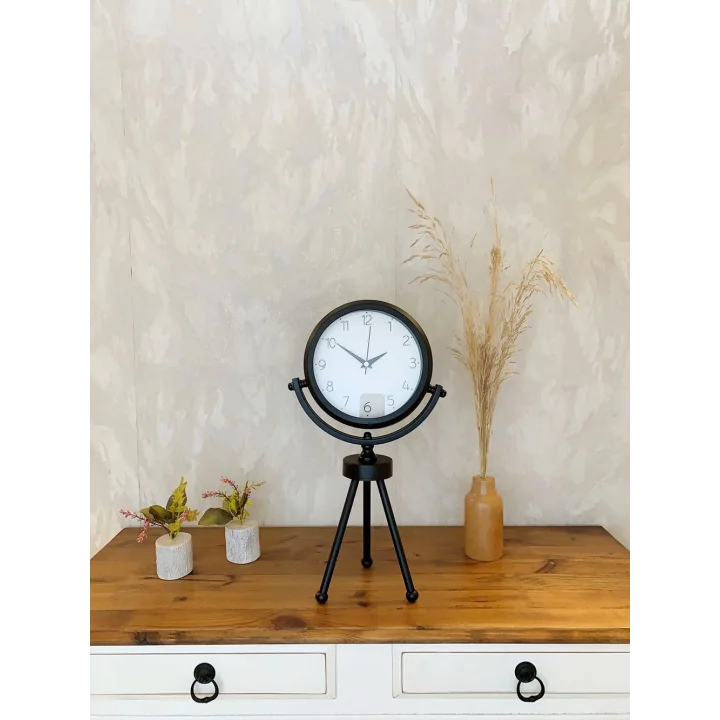 Mey İthalat® Siyah Metal Mini Tripod Zarif Masa Saati 45×26 cm