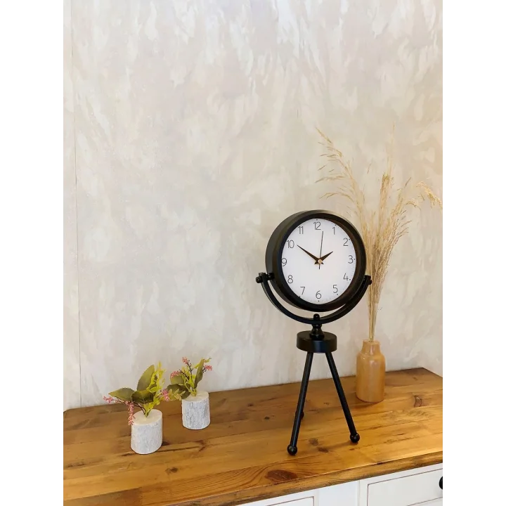 Mey İthalat® Siyah Metal Mini Tripod Zarif Masa Saati 45×26 cm
