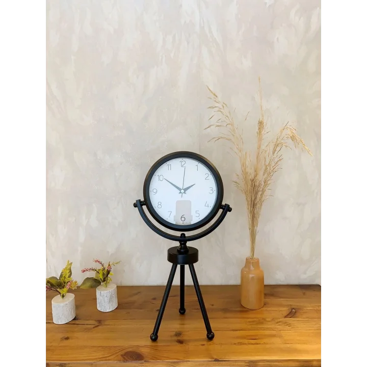 Mey İthalat® Siyah Metal Mini Tripod Zarif Masa Saati 45×26 cm