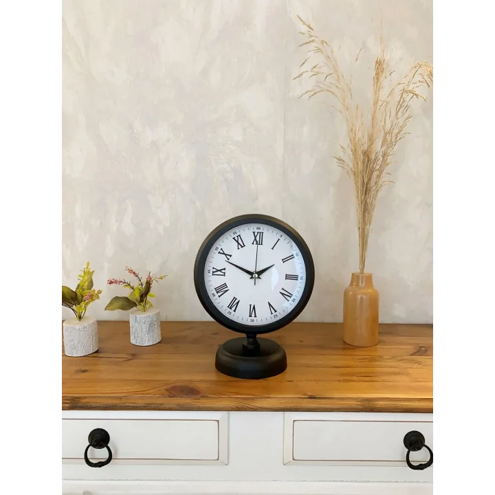 Mey İthalat® Siyah Metal Roma Rakamlı Masa Saati 25×20 cm