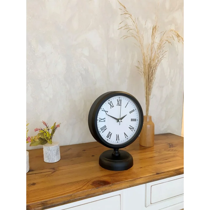 Mey İthalat® Siyah Metal Roma Rakamlı Masa Saati 25×20 cm