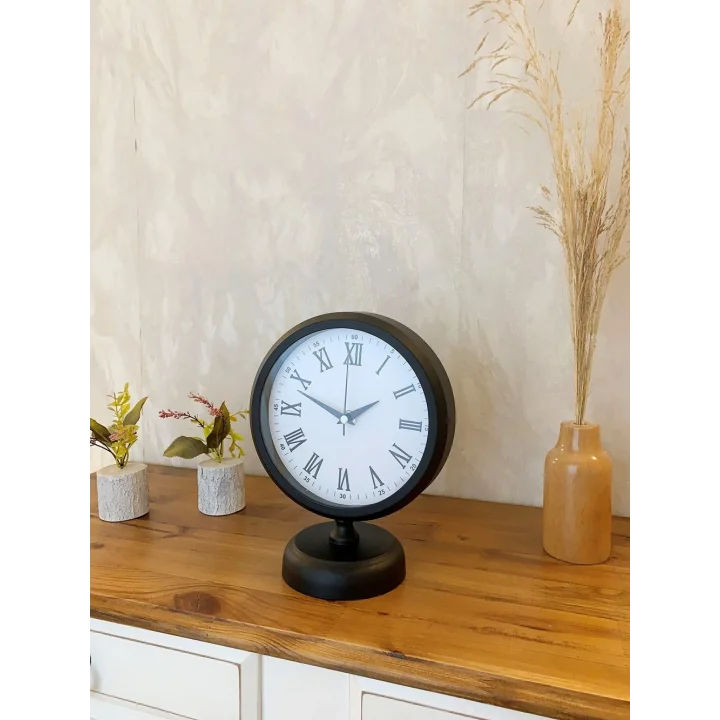 Mey İthalat® Siyah Metal Roma Rakamlı Masa Saati 25×20 cm