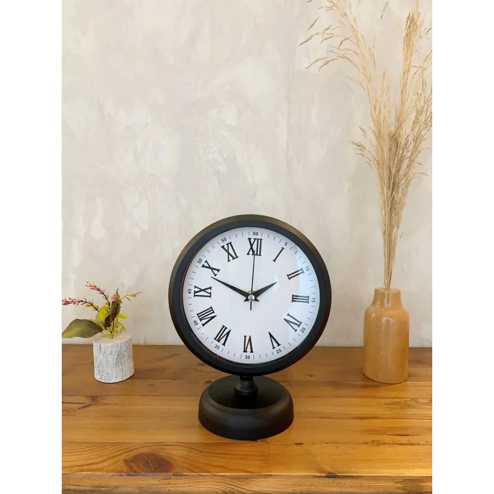 Mey İthalat® Siyah Metal Roma Rakamlı Masa Saati 25×20 cm