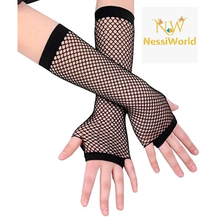 Mey İthalat® Siyah Renk Uzun File Eldiven - Örgü Eldiven Siyah Renk