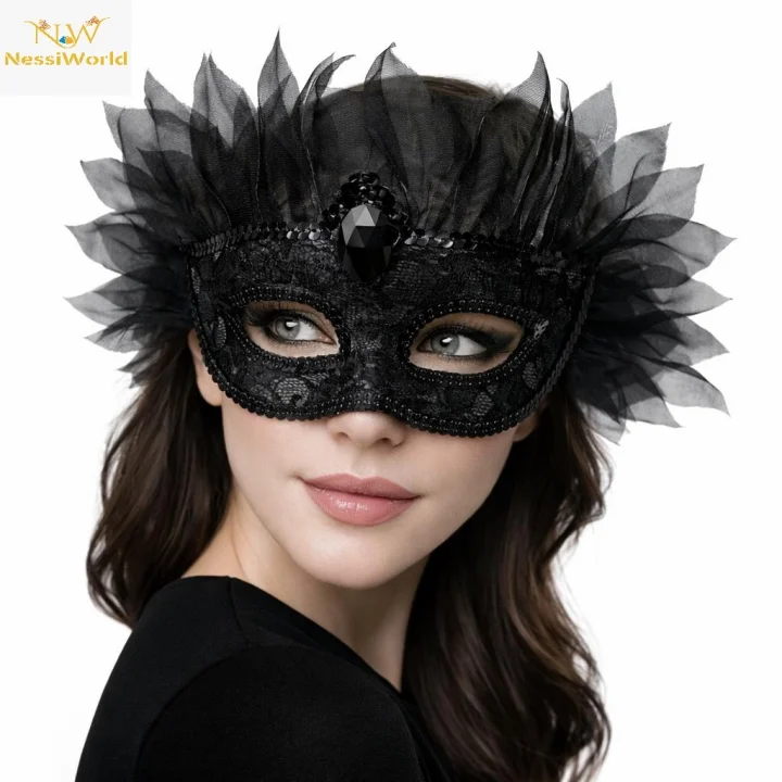 Mey İthalat® Siyah Taşlı Venedik Maskesi Lüks Tüllü Parti Maskesi