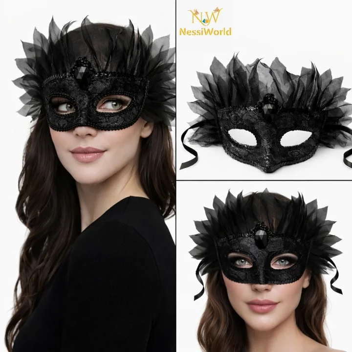 Mey İthalat® Siyah Taşlı Venedik Maskesi Lüks Tüllü Parti Maskesi