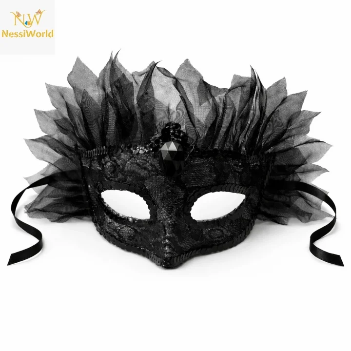 Mey İthalat® Siyah Taşlı Venedik Maskesi Lüks Tüllü Parti Maskesi