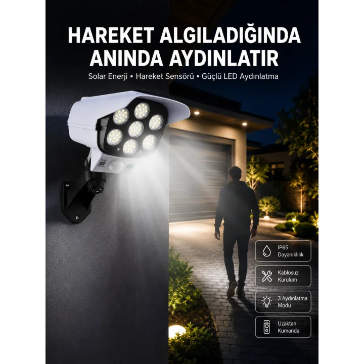 Mey İthalat® Solar Bahçe Lambası Uzaktan Kumandalı Kamera Görünümlü Hareket Sensörlü