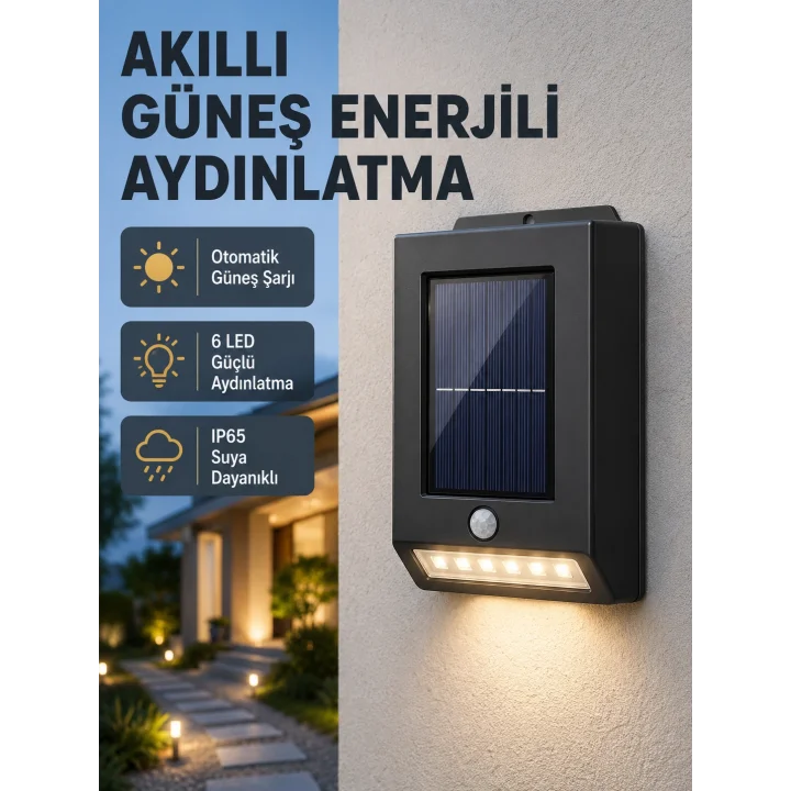 Mey İthalat® Solar Güçlü 6 LED Dış Mekan Lambası – Otomatik Aç/Kapa Işık Sensörlü Aydınlatma