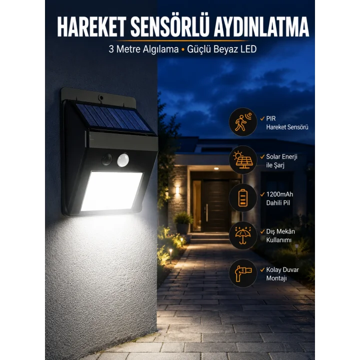 Mey İthalat® Solar Güneş Enerji Panelli Sensörlü Lamba Enerji Tasarruflu
