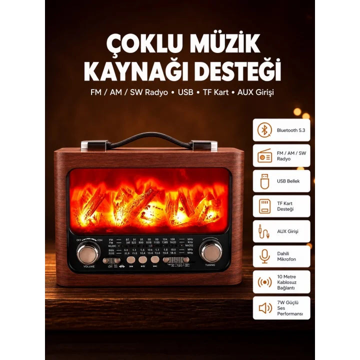 Mey İthalat® Solar Panelli Alev Işıklı Bluetooth Hoparlör – Çoklu Giriş, Uzun Pil Ömrü