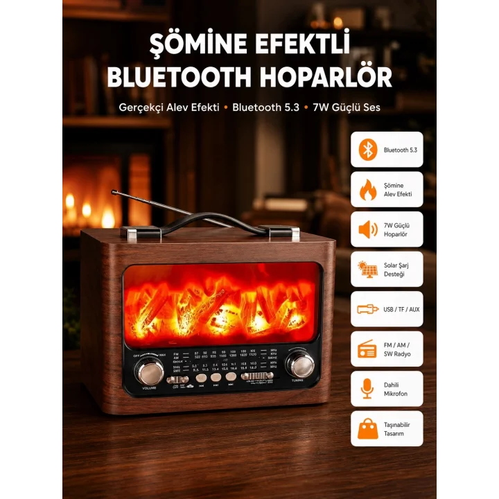 Mey İthalat® Solar Şarjlı Şömine Işıklı Bluetooth Hoparlör – Radyo, USB, TF Kart Destekli