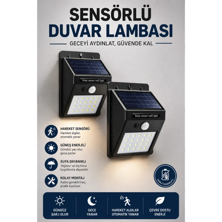 Mey İthalat® Solar Sensörlü Duvar Lambası Bahçe Lamba 20 Led Işık