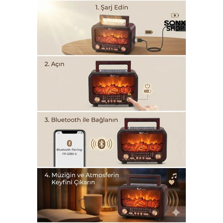 Mey İthalat® Şömine Alev Efektli  Bluetooth Hoparlör Radyo – Güneş Enerjili