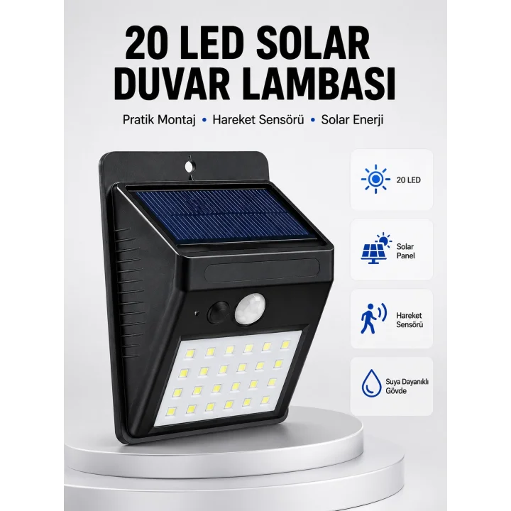 Mey İthalat® Su Geçirmez IP65 20 LED Solar Sensörlü Bahçe ve Veranda Aydınlatma Yeni Nesil