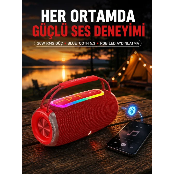 Mey İthalat® Suya Dayanıklı 20W RGB Hoparlör Bluetooth, USB, SD Kart ve AUX Girişli