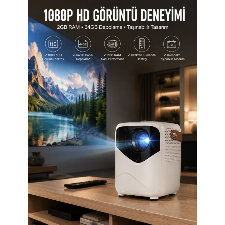 Mey İthalat® Taşınabilir Android Projeksiyon Wifi Destekli 4K Multimedia Tabanlı Ev Ve Ofis Tipi