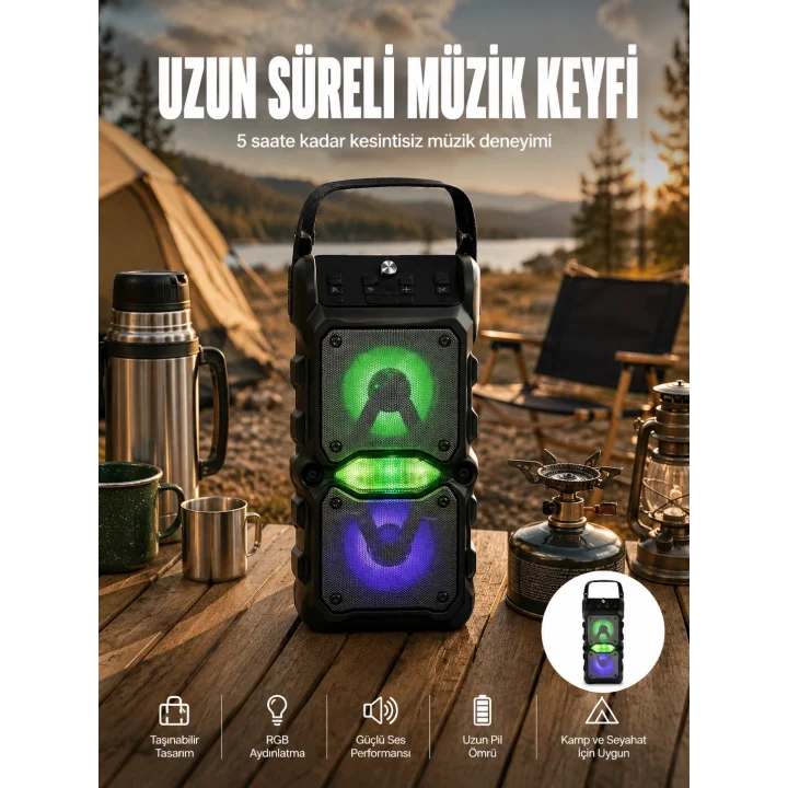 Mey İthalat® Taşınabilir Kablosuz Bluetooth Hoparlör Uzun Pil Ömrü Led Işıklı Yeni Nesil
