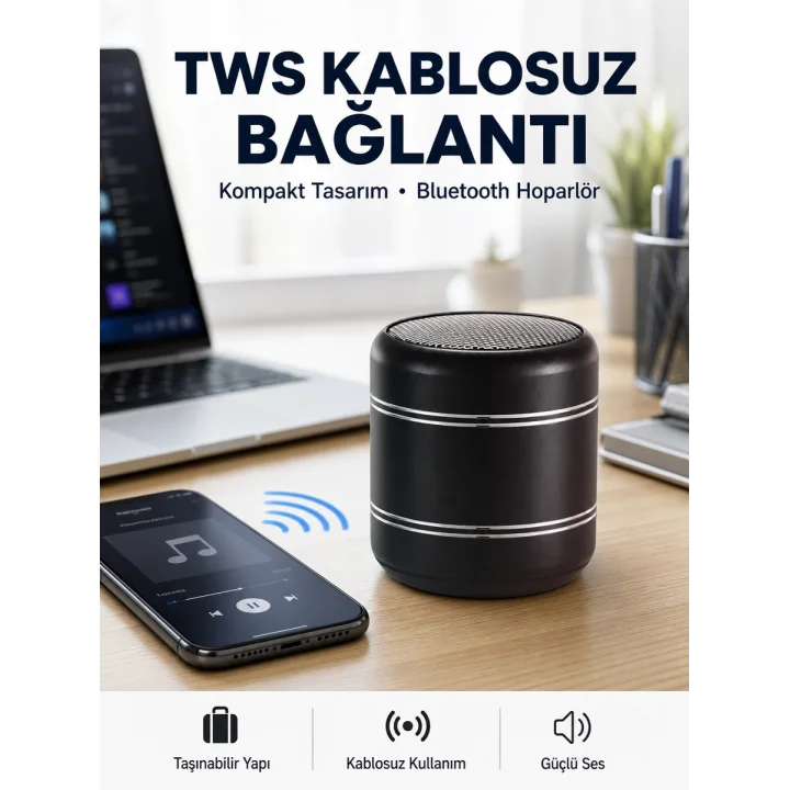 Mey İthalat® Taşınabilir Silindir Tasarım Bluetooth 5.0 Hoparlör Yüksek Bas Performanslı Yeni Nesil