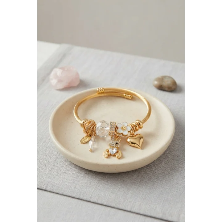 Mey İthalat® Tavşan Model Gold Renk Beyaz Charmlı Bileklik