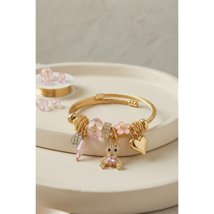 Mey İthalat® Tavşan Model Gold Renk Pembe Charmlı Bileklik