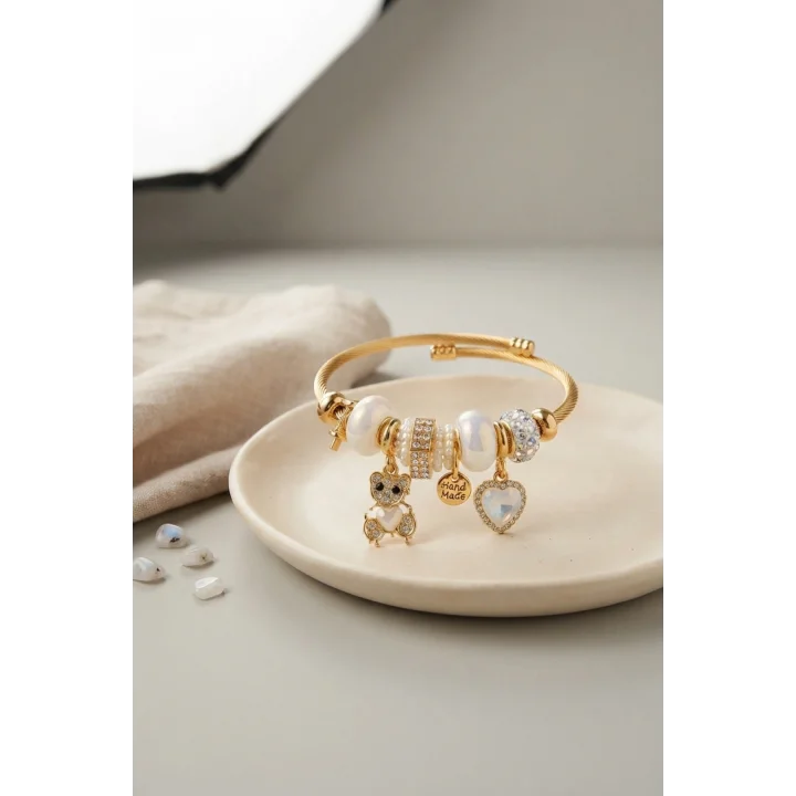 Mey İthalat® Tedy Bear Model Gold Renk Beyaz Charmlı Bileklik