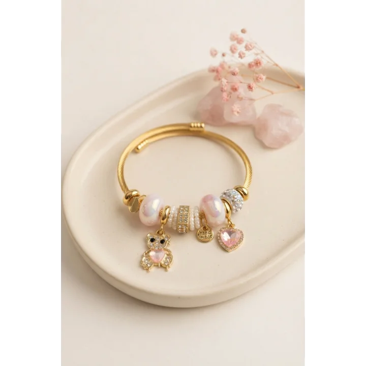 Mey İthalat® Tedy Bear Model Gold Renk Pembe Charmlı Bileklik