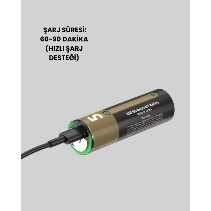 Mey İthalat® Tekrar Şarj Edilebilir AA USB Type-C Pil | 1000+ Döngü | 1.5V Sabit Voltaj