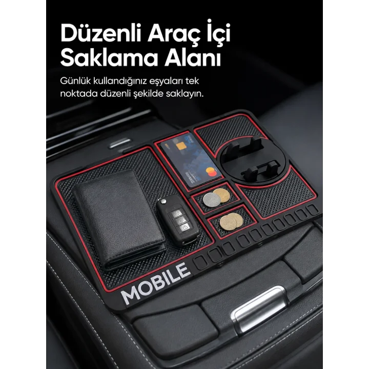 Mey İthalat® Telefon Standlı Araç İçi Organizer Kaydırmaz Silikon Konsol Düzenleyici Mat