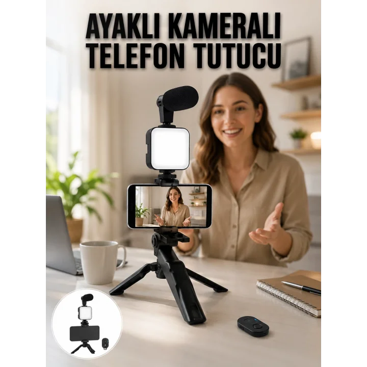 Mey İthalat® Telefon Tutucu Led Işıklı Kumandalı Mikrofon Telefon Vlog Video Kayıt Yeni Nesil