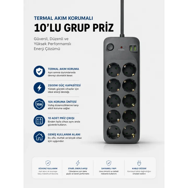 Mey İthalat® Termal Akım Korumalı USB Type-C Girişli 10lu Grup Priz 2500W Güç Kapasitesi (Kopya)