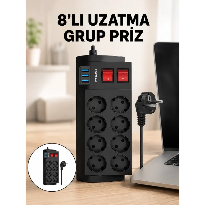 Mey İthalat® Termal Korumalı 8 Prizli 3 USB’li Uzatma Kablosu Yeni Nesil